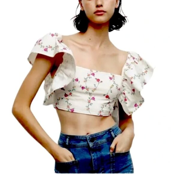 NEW Zara Crop top with Flutter Sleeves, Size M - Picture 4 of 16